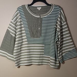 POL Oversized Green and Cream Striped 1/2 Button Waffle Thermal Shirt
